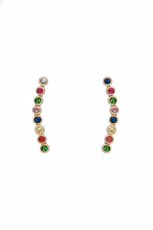 Arete lambada con zirconia de colores en ocho piedras, de tipo studs o broquel, elaborado en oro de 10K.