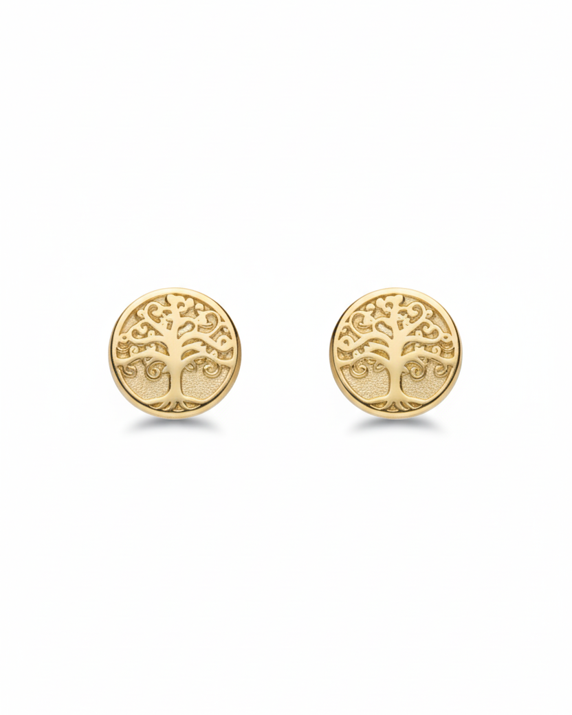 Arete tipo broquel de árbol de la vida con grabado en relieve