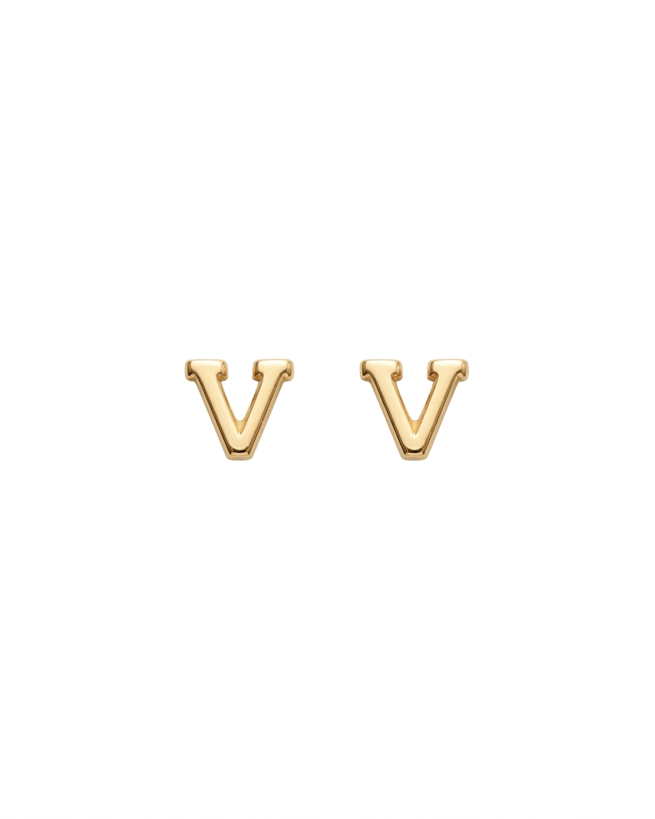 Arete tipo broquel de inicial "V" miniatura en oro 10k
