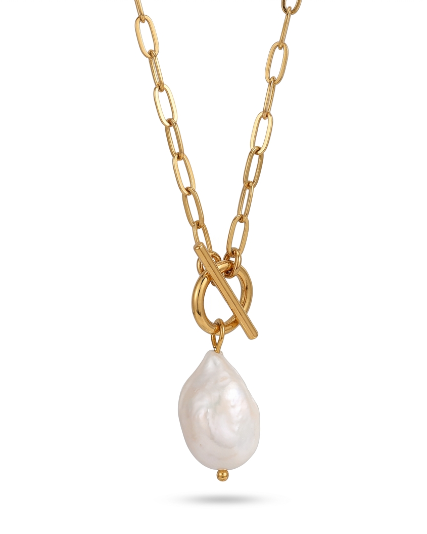 Collar de Eslabones con Broche T-Bar y Perla