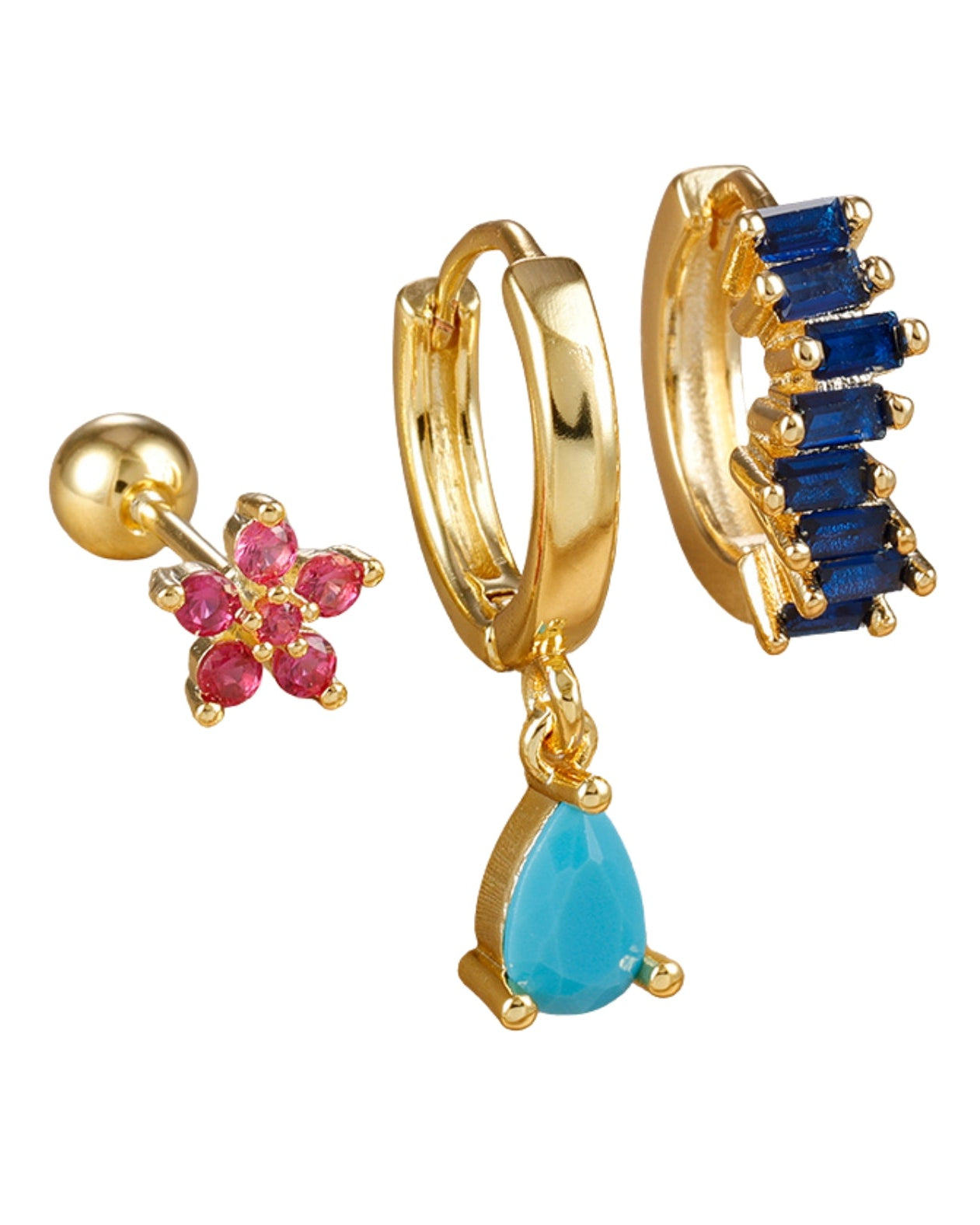 Conjunto de aretes de zirconia en colores azul y rosa, tipo huggie y studs