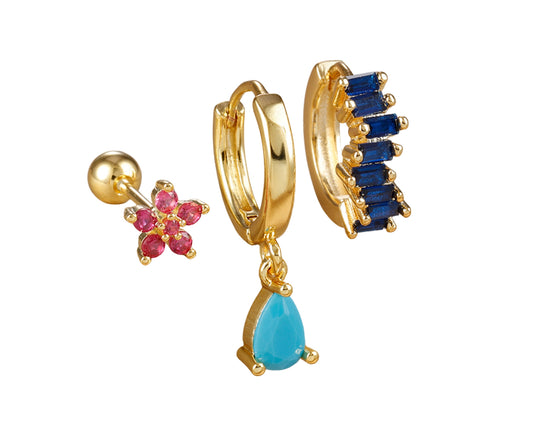 Conjunto de aretes de zirconia en colores azul y rosa, tipo huggie y studs