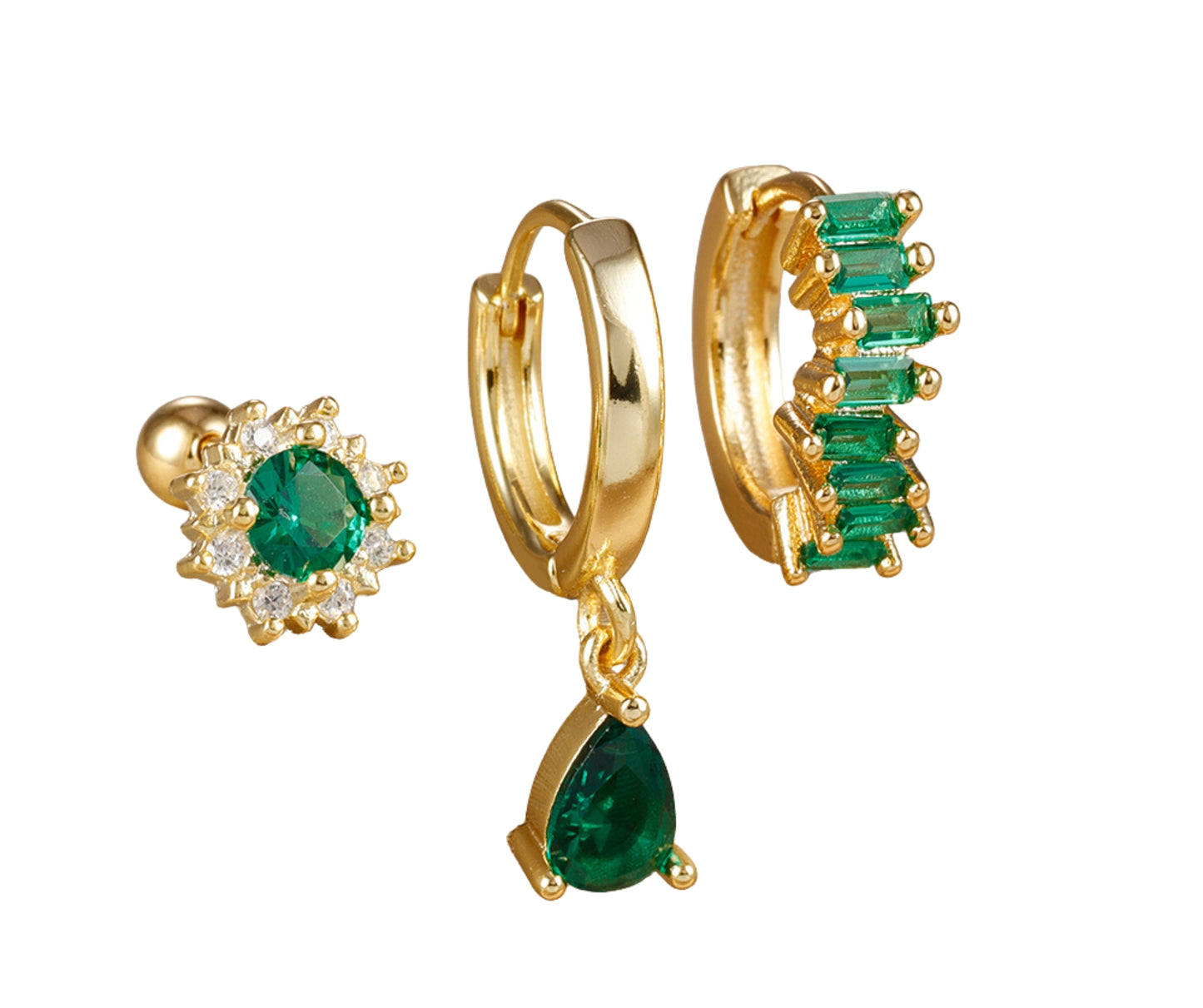 Conjunto de aretes con piedra zirconia en color verde, tipo huggie y studs