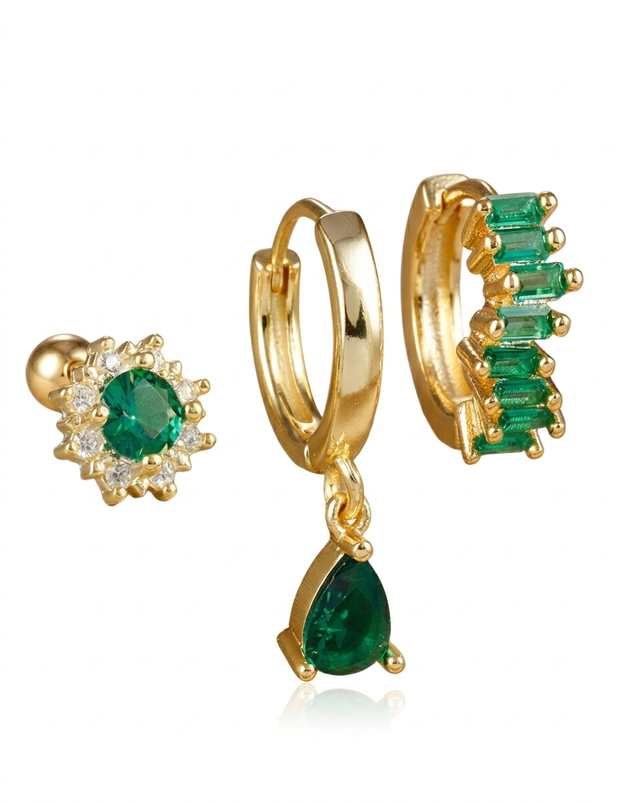Conjunto de aretes con piedra zirconia en color verde, tipo huggie y studs