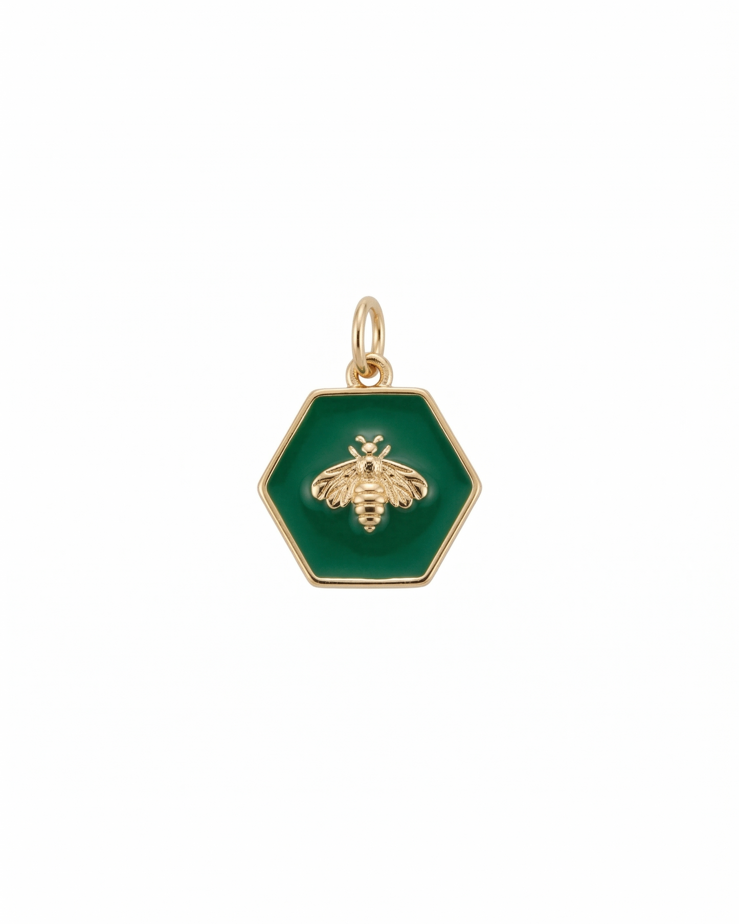 Dije de medalla hexagonal en color verde con abeja color dorado en relieve