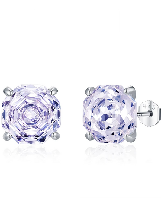 Aretes tipo studs con zirconias moradas color plateado