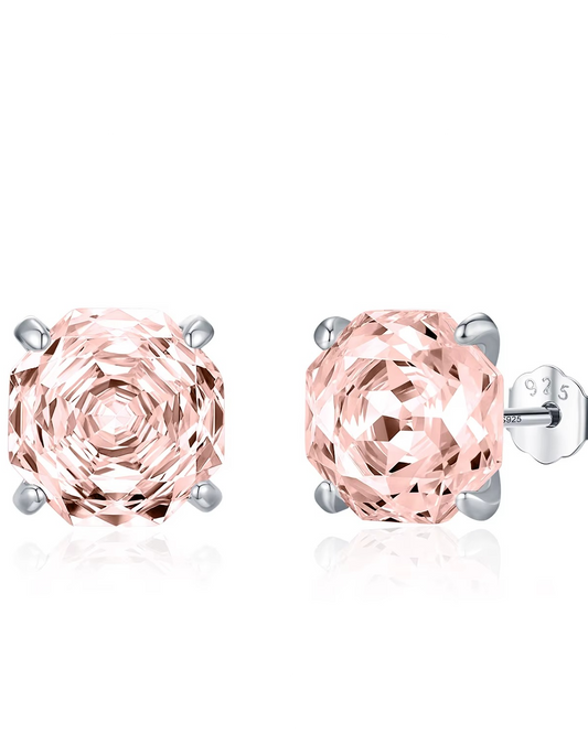 Aretes tipo studs con zirconias rosas color plateado