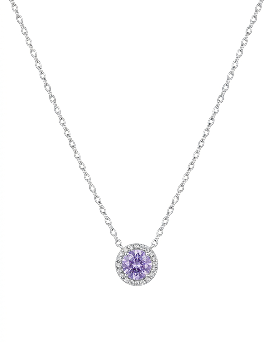 Collar de plata con cristal central amatista y halo brillante