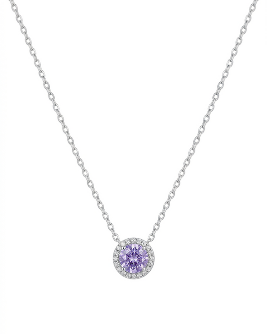 Collar de plata con cristal central amatista y halo brillante