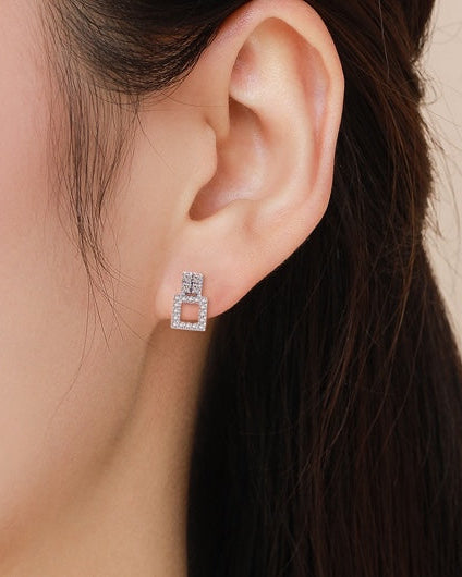 Aretes de doble marco cuadrado con cristales en plata