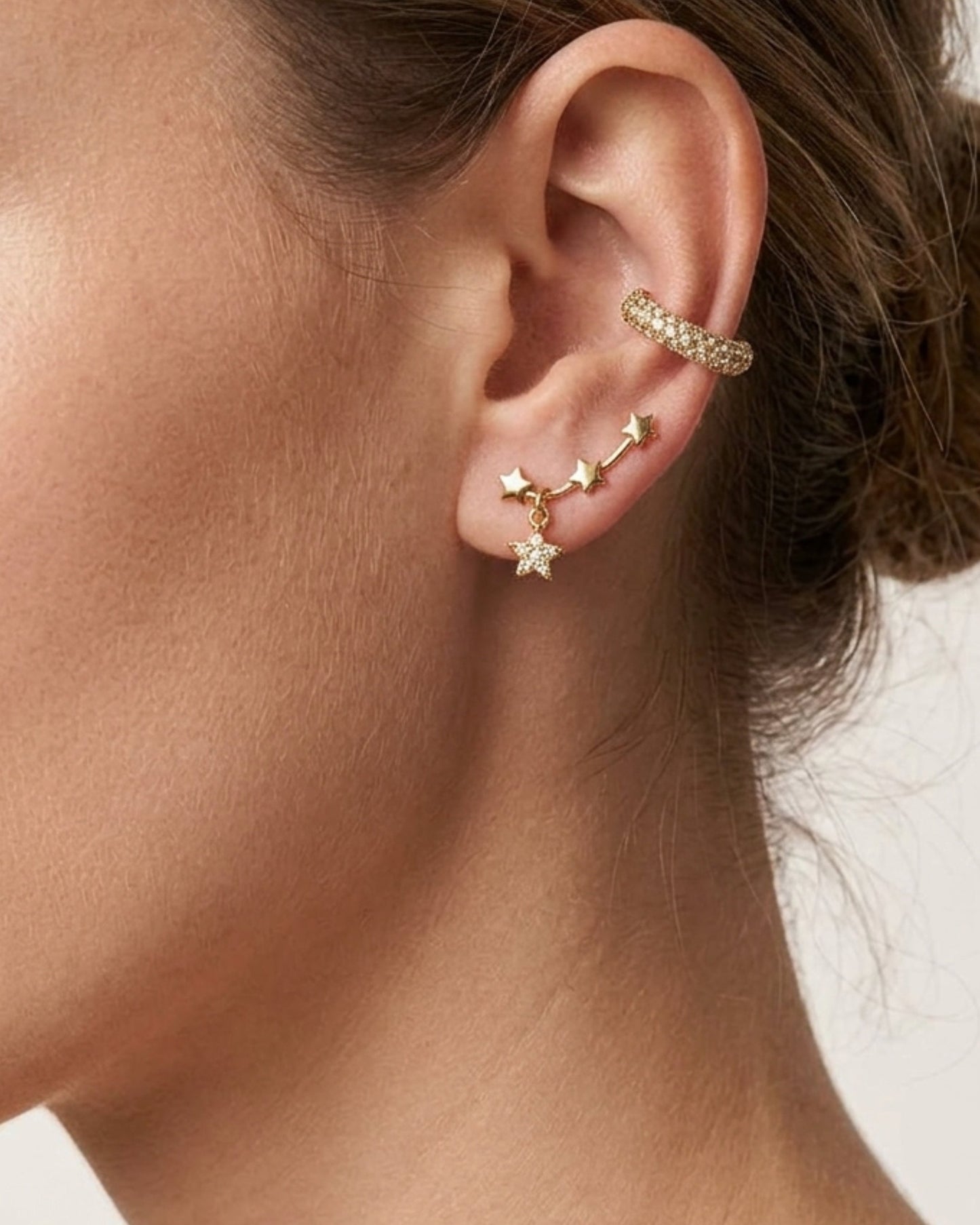 Aretes trepadores de estrellas con dije colgante en oro rosa