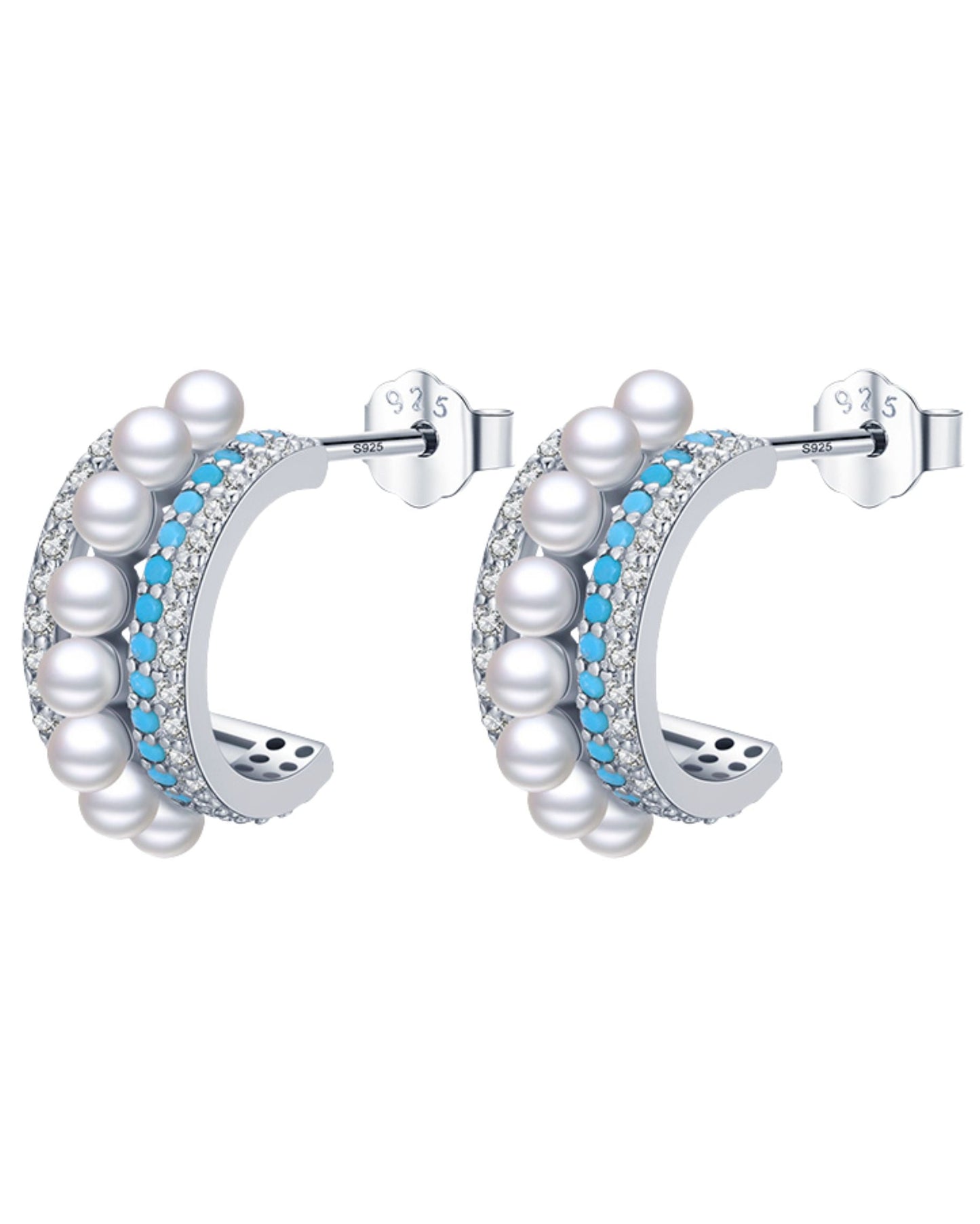 Arracadas semicirculares con perlas y detalles en turquesa y plata