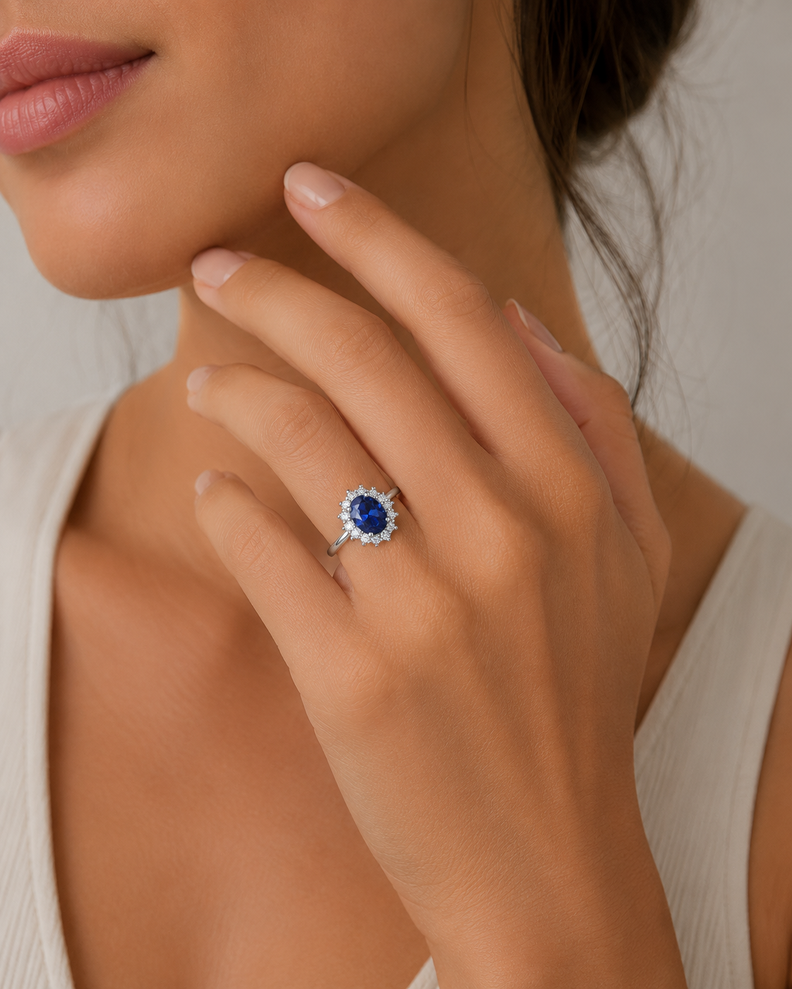 Anillo Estilo Halo con Zafiro Oval
