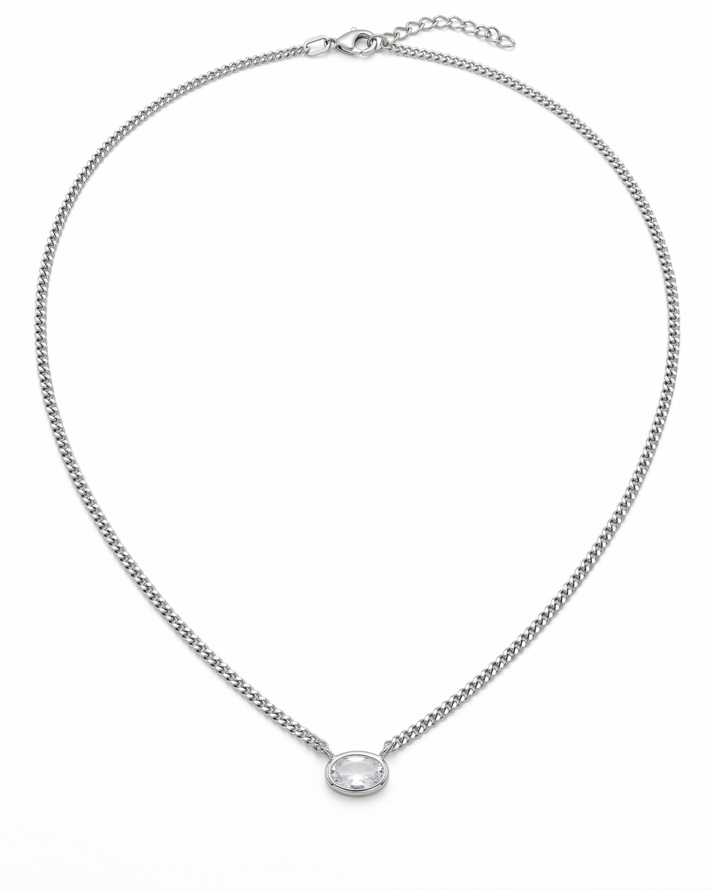 Collar de cadena barbada con cristal ovalado en plata