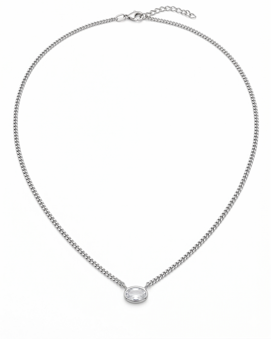 Collar de cadena barbada con cristal ovalado en plata