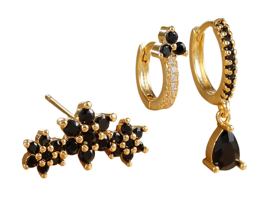 Conjunto de aretes de zirconia color negro tipo huggie y studs