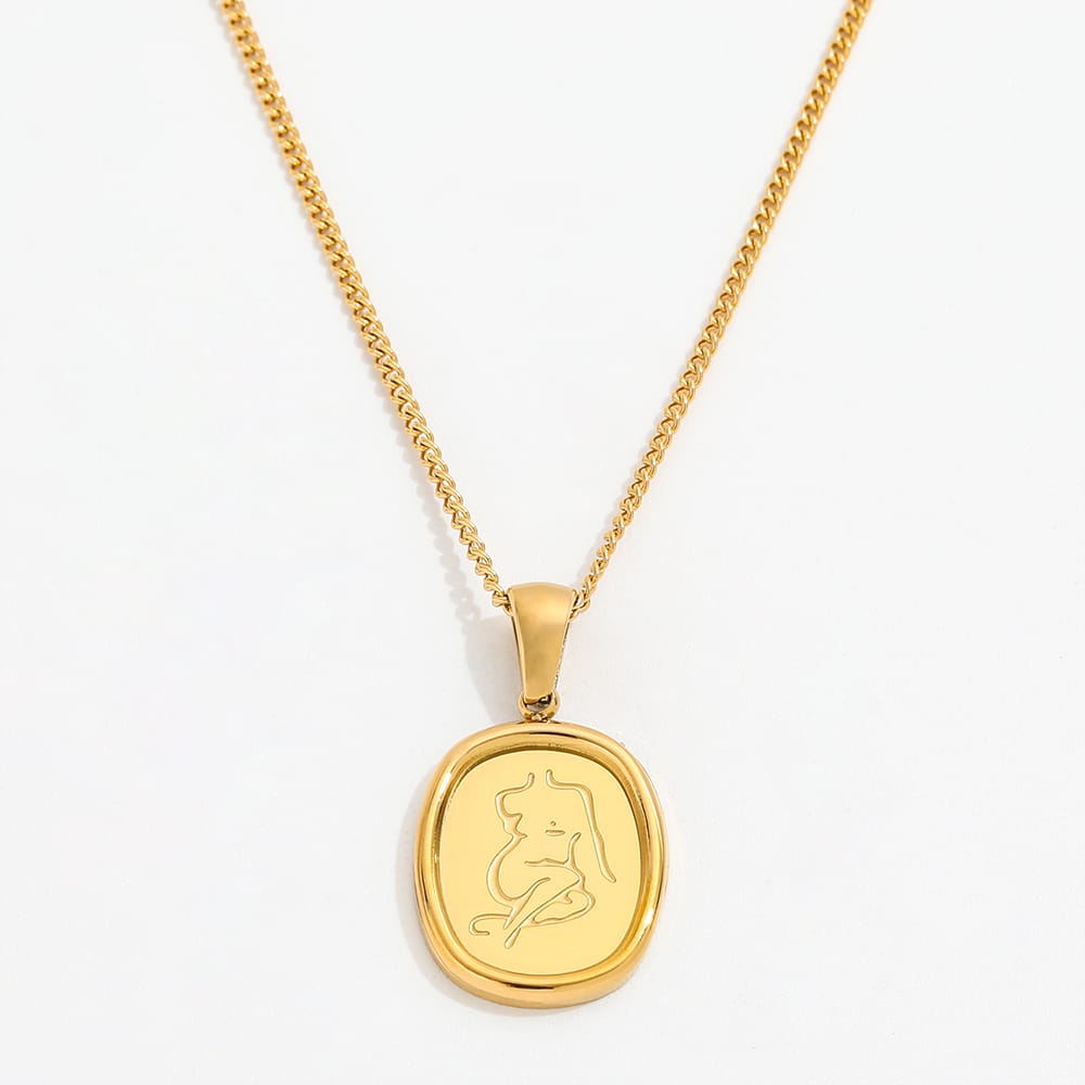 Collar dorado con cadena tipo coin y dije ovalado con grabado de figura femenina en trazo minimalista. Una pieza de acero inoxidable que eleva tu estilo con un toque moderno, artístico y sofisticado.
Material: Acero inoxidable