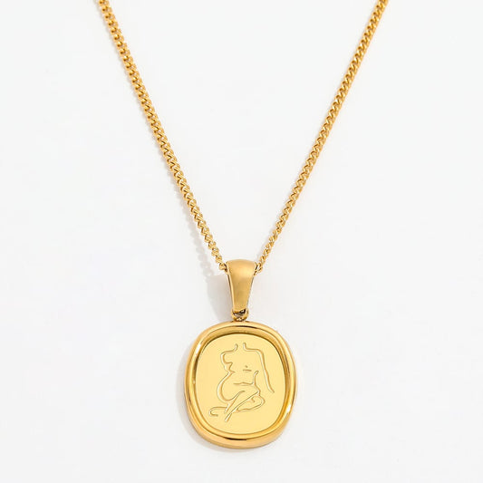 Collar dorado con cadena tipo coin y dije ovalado con grabado de figura femenina en trazo minimalista. Una pieza de acero inoxidable que eleva tu estilo con un toque moderno, artístico y sofisticado.
Material: Acero inoxidable