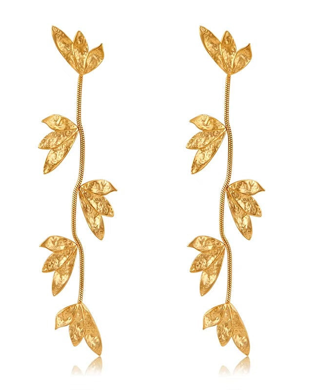 Aretes de hojas colgantes dorado en acero inoxidable