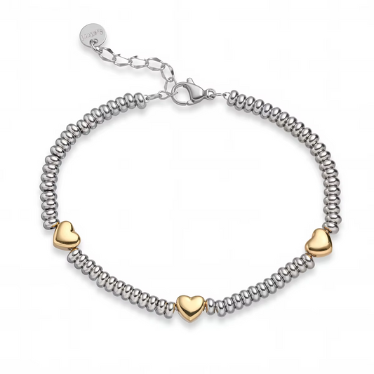 Pulsera con diseño de corazones, bicolor dorado y plateado
