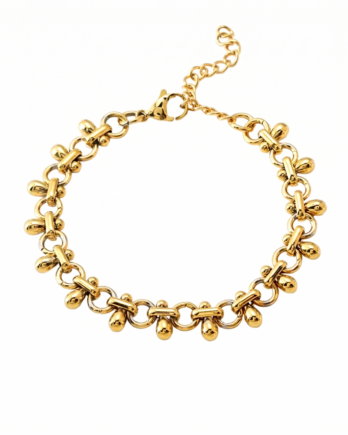 Pulsera de eslabones circulares con dijes de gota en dorado