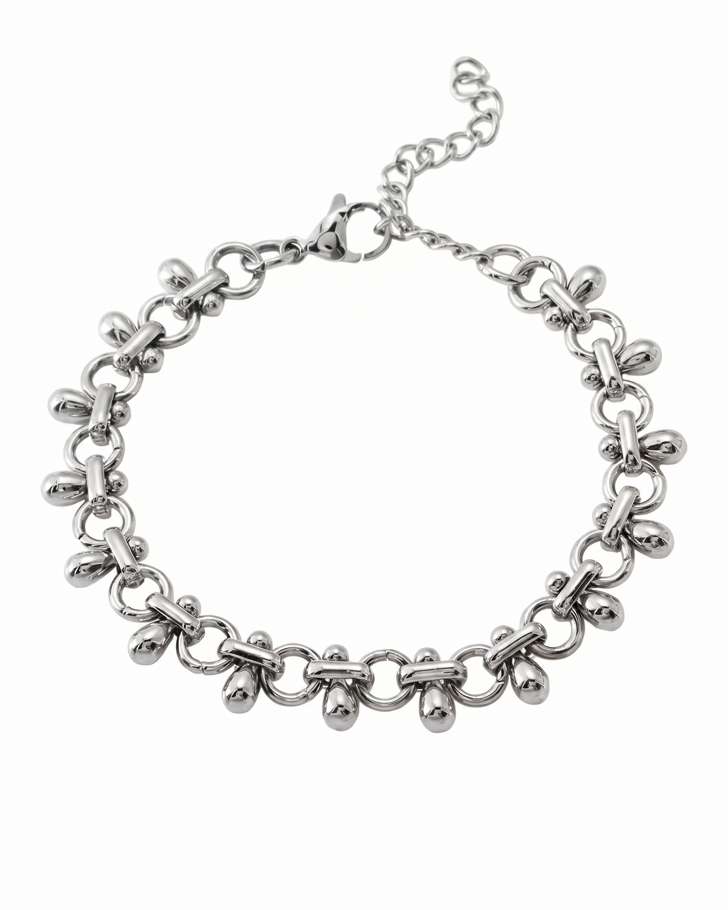 Pulsera de eslabones circulares con dijes de gota en plateado