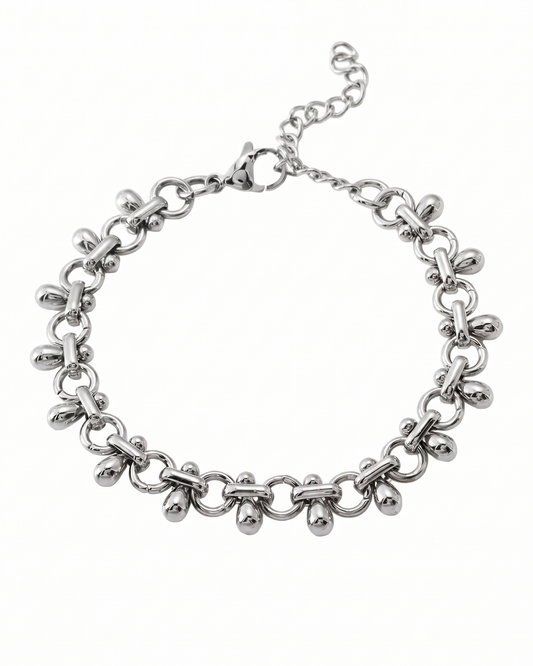 Pulsera de eslabones circulares con dijes de gota en plateado