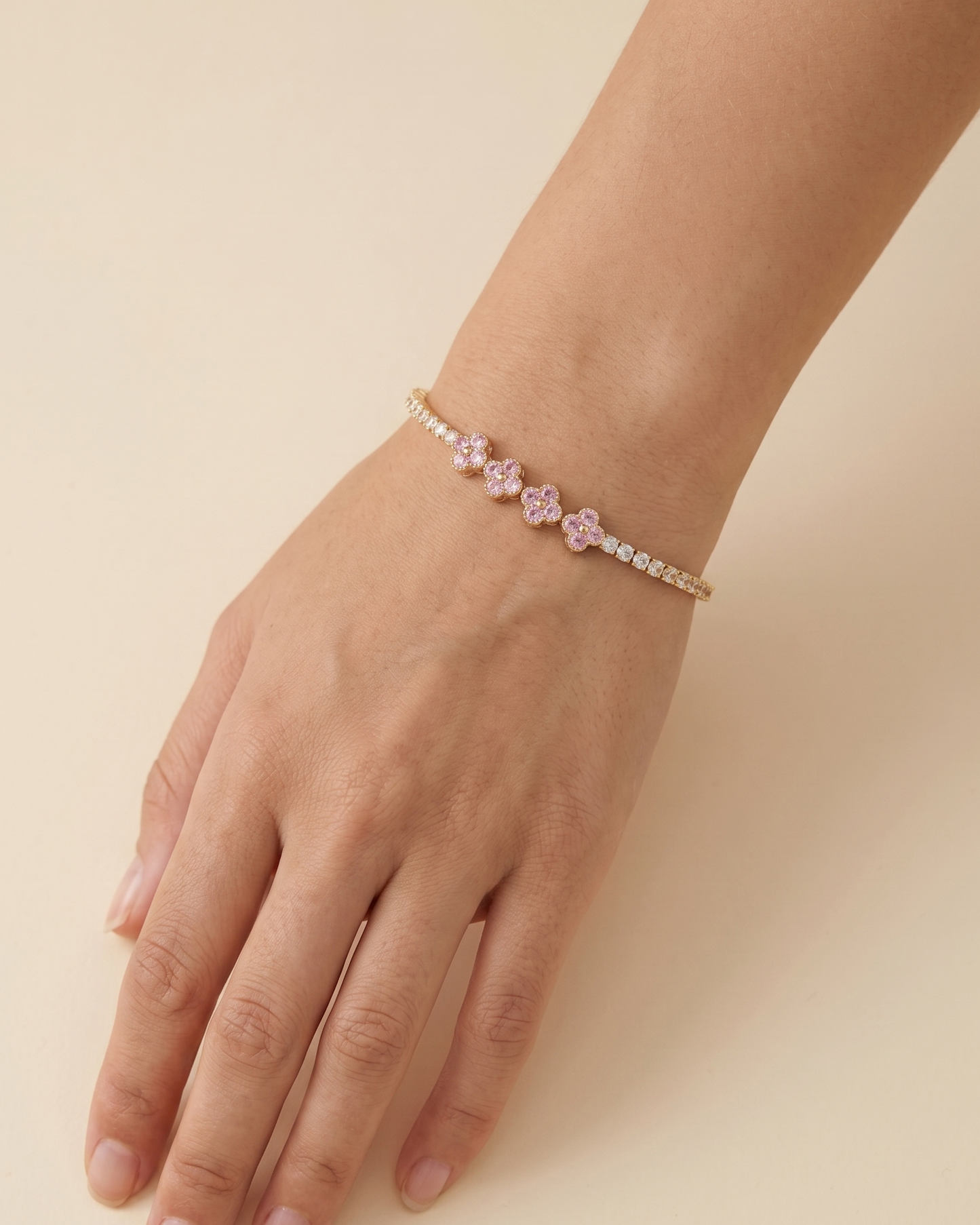 Pulsera Tennis con Flores de Cristal Rosa