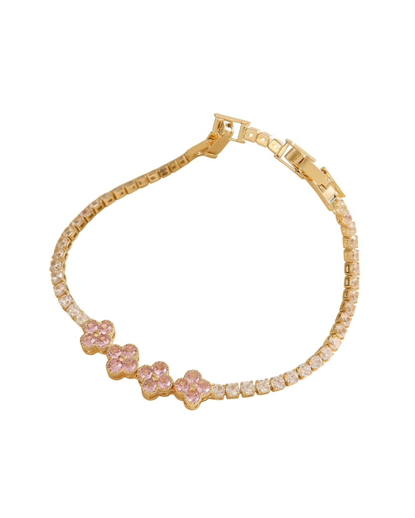 Pulsera Tennis con Flores de Cristal Rosa