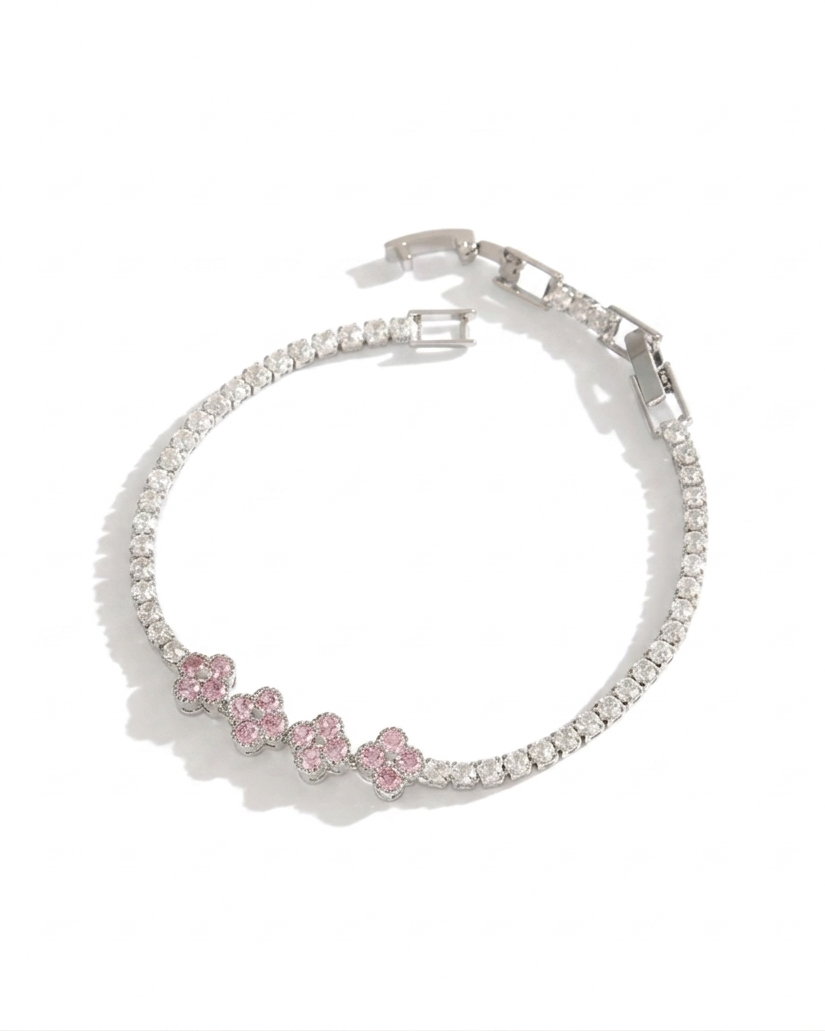Pulsera Tennis Plateada con Flores de Cristal Rosa