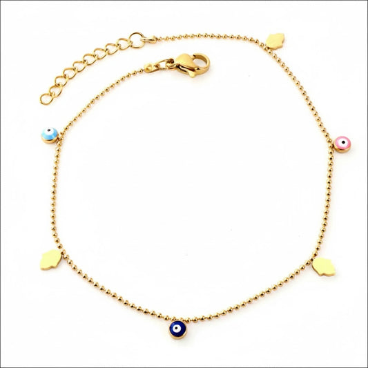 Pulsera dorada de ojo turco y mano hamsa en color azul, celeste y rosa.