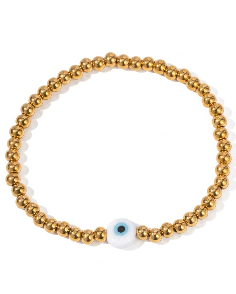 Pulsera de bolitas doradas con ojo turco
