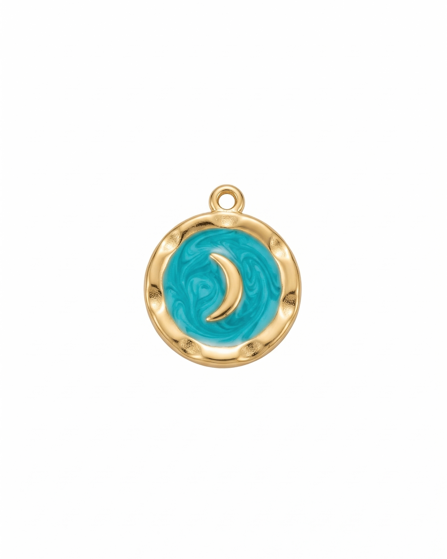 Dije de medalla dorada lunar con tonos turquesa