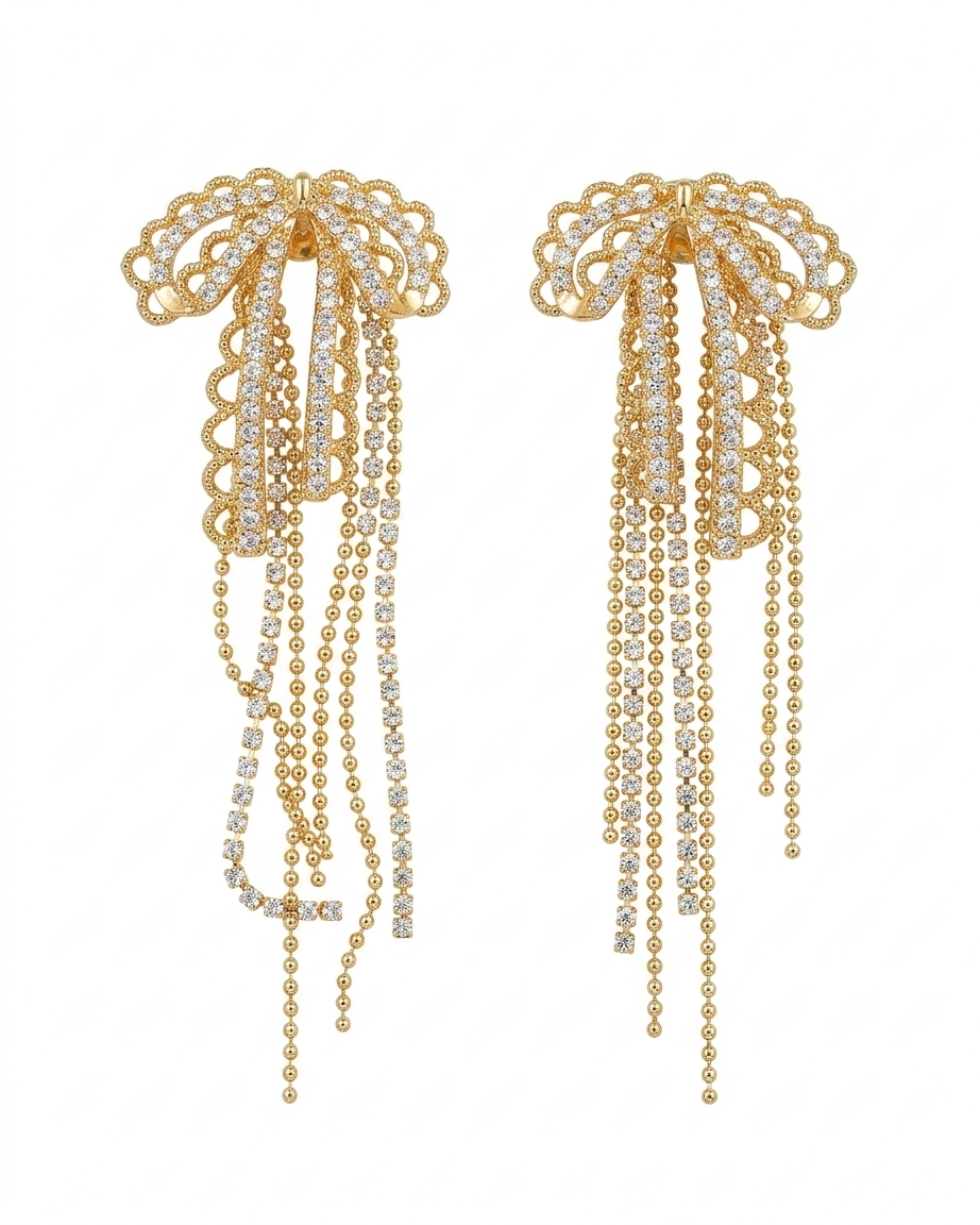 Aretes Colgantes de Moño con Flecos de Cristal