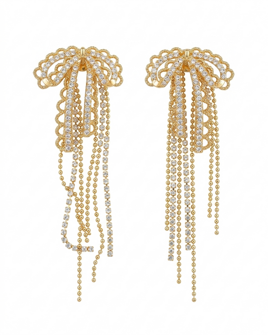 Aretes Colgantes de Moño con Flecos de Cristal
