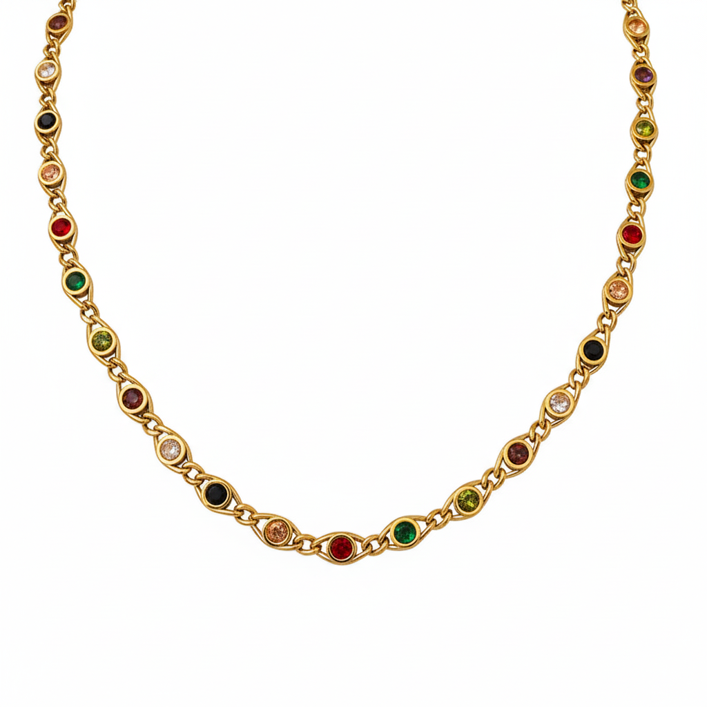 Collar de piedra zirconia en colores verde, rosa, azul, rojo, naranja, de tipo gargantilla.