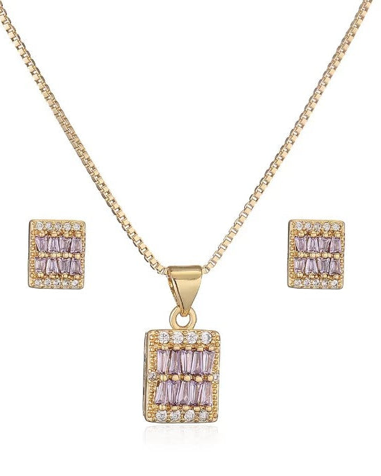 Juego de Collar y Aretes Cuadrante Malva