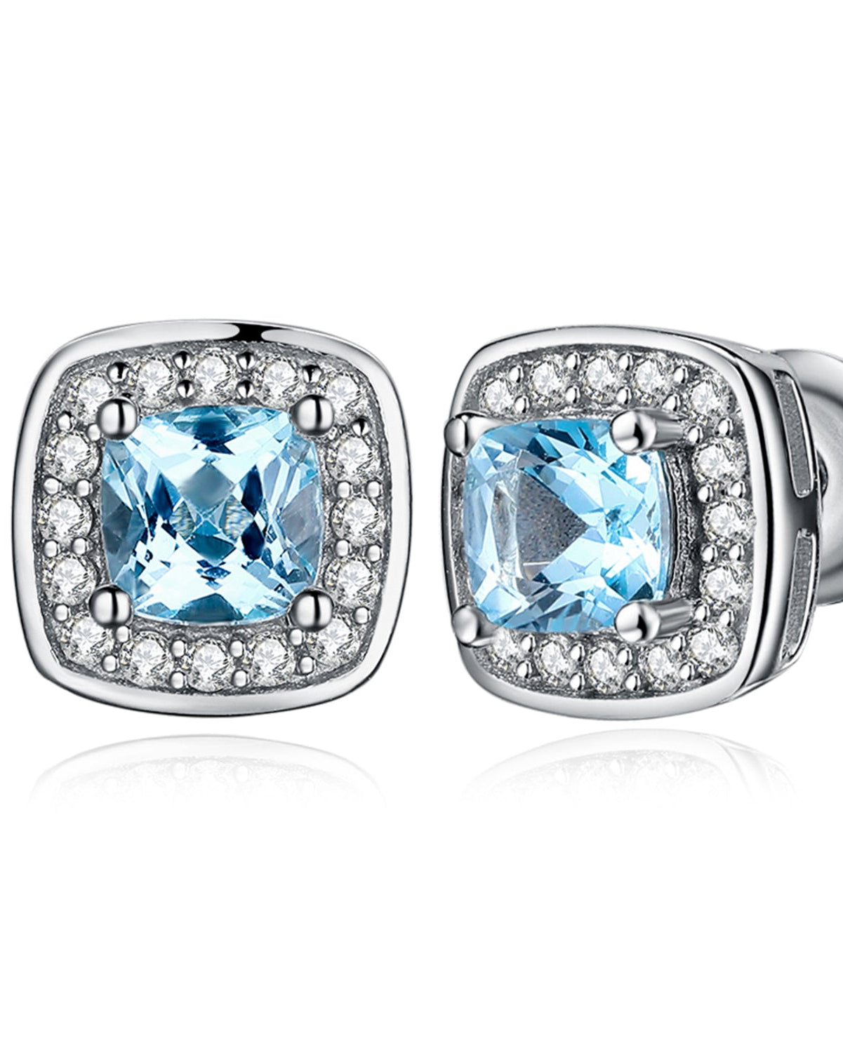 Broqueles cuadrados con cristal azul cielo y halo de micro-pavé