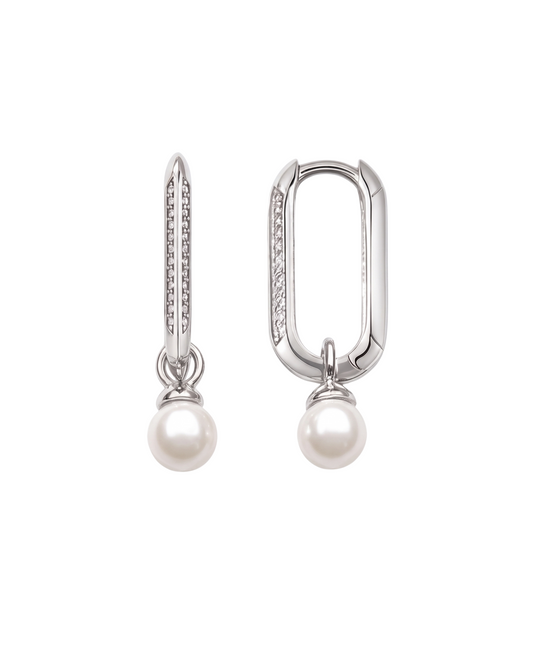 Aretes Argollas Rectangulares con Circonias y Perla