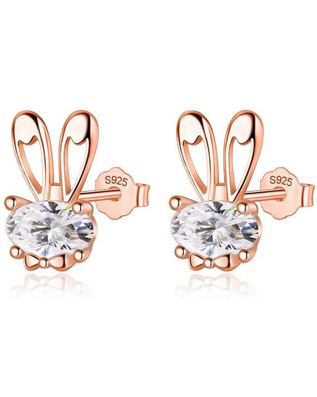 Broqueles de silueta de conejo con cristal ovalado en color oro rosa