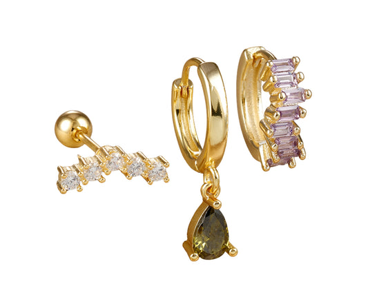 Conjunto de aretes de flor, con piedra zirconia en color verde y morado, tipo huggie y studs