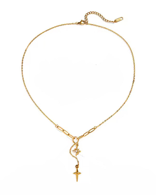 Collar de cadena mixta con dijes de estrella del norte y cruz minimalista