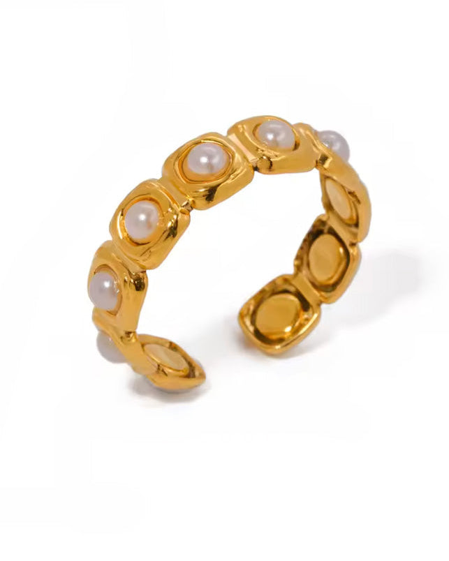 Anillo Ajustable de Eslabones Cuadrados y Perlas