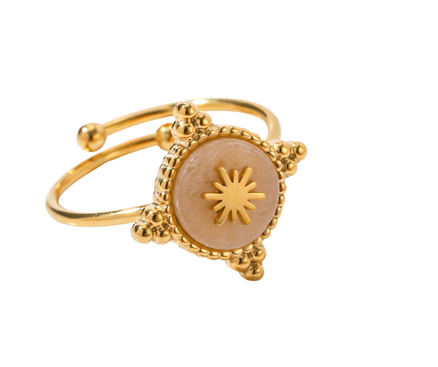 Anillo ajustable de piedra redonda con detalle de destello.