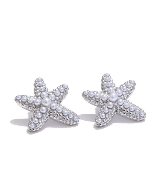 Aretes Plateados de Estrella de Mar con Perlas