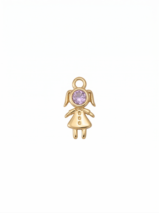 Dije figura de niña dorado "Petite Princess" con cristal lavanda