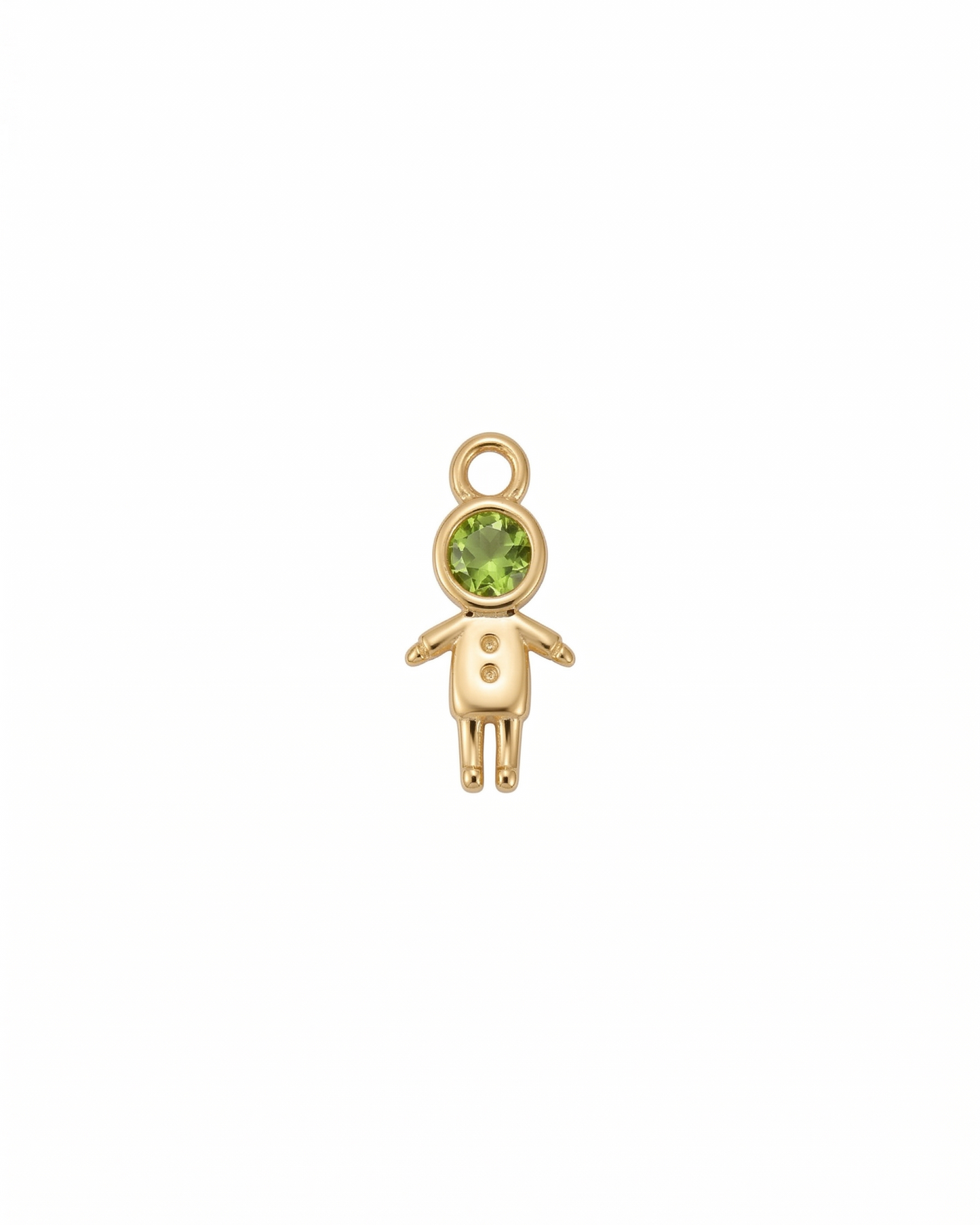 Dije figura de niño dorado "Little Guardian" con cristal verde