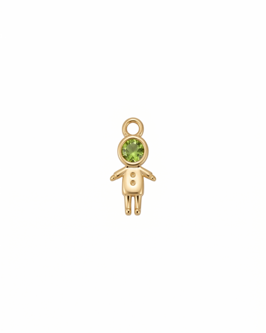 Dije figura de niño dorado "Little Guardian" con cristal verde
