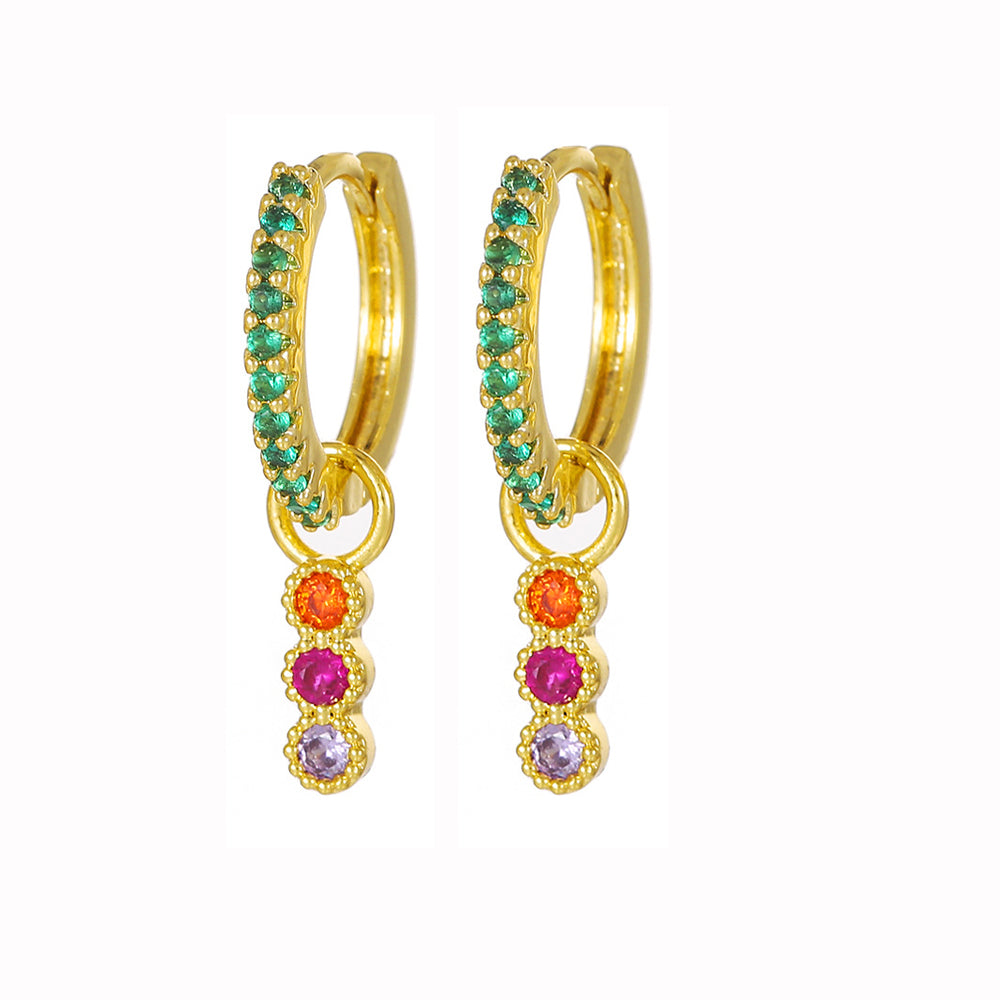 Arete con piedra zirconia en colores verde, morado y naranja, de tipo huggie.