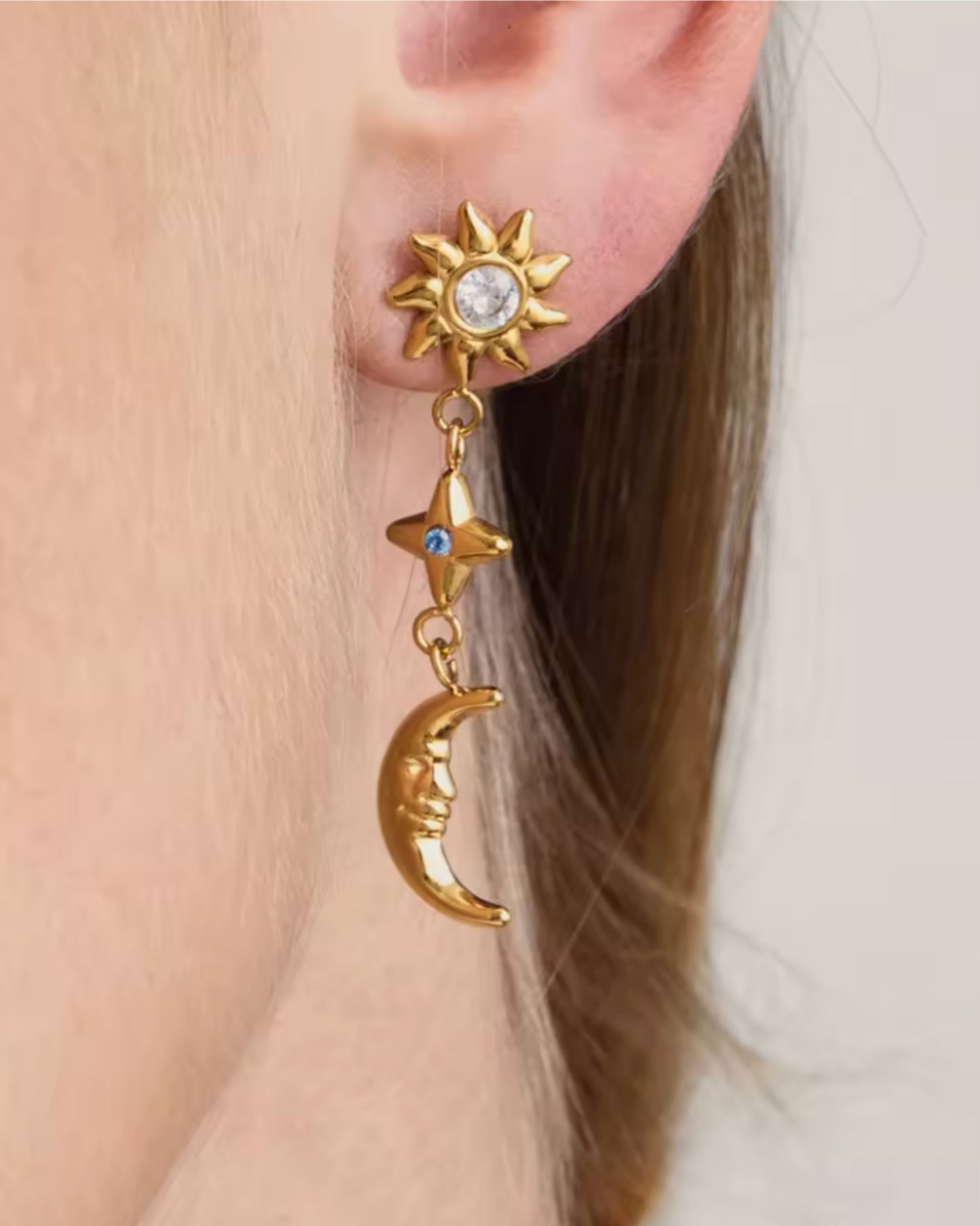 Aretes de Luna, Estrella y Sol con Circonias